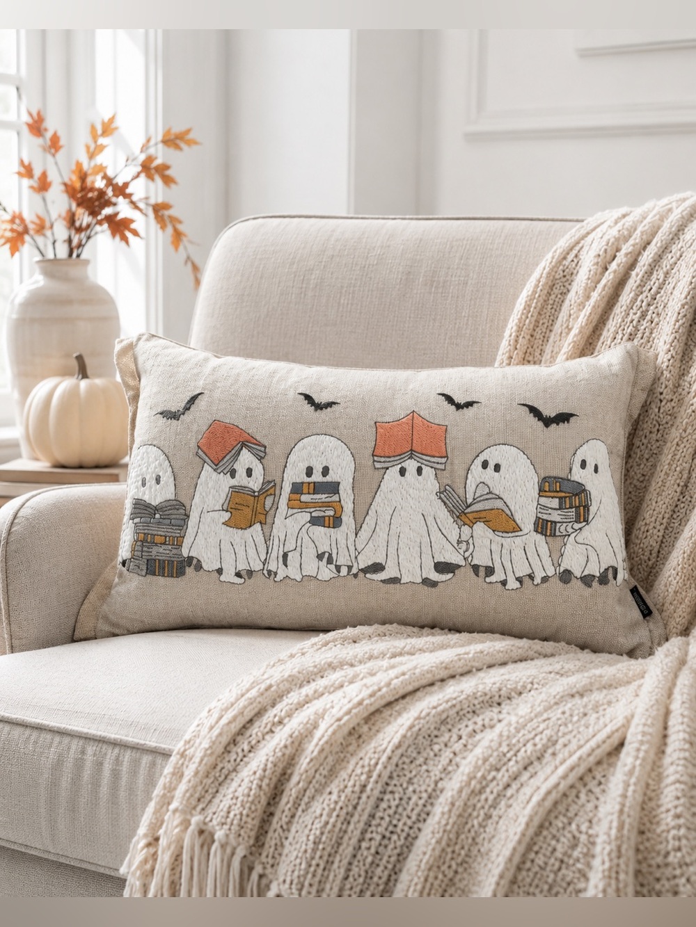 Cynthia Rowley Halloween Ghosts Reading Books 14x24 Embroidered Throw Pillow